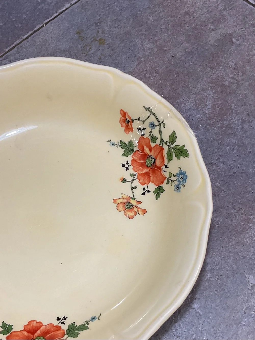 Yellow Floral Ceramic Serving Bowl with Orange Flower Accents